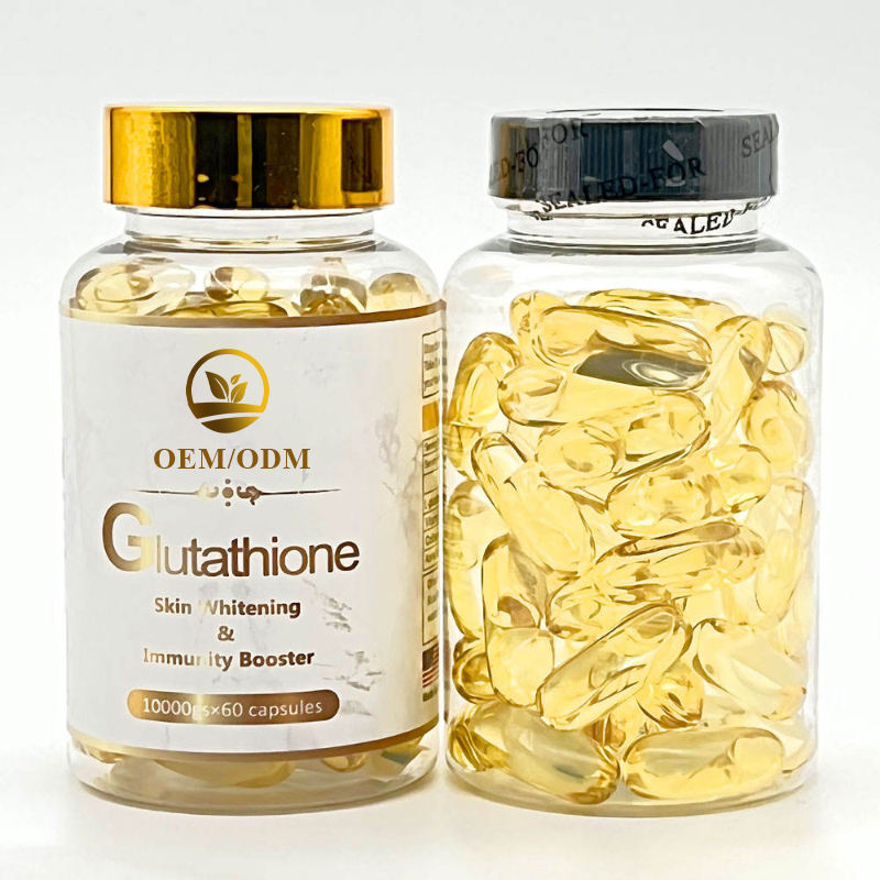 Premium Glutathione Softgels showcasing a clear golden-amber hue and smooth, easy-to-swallow texture