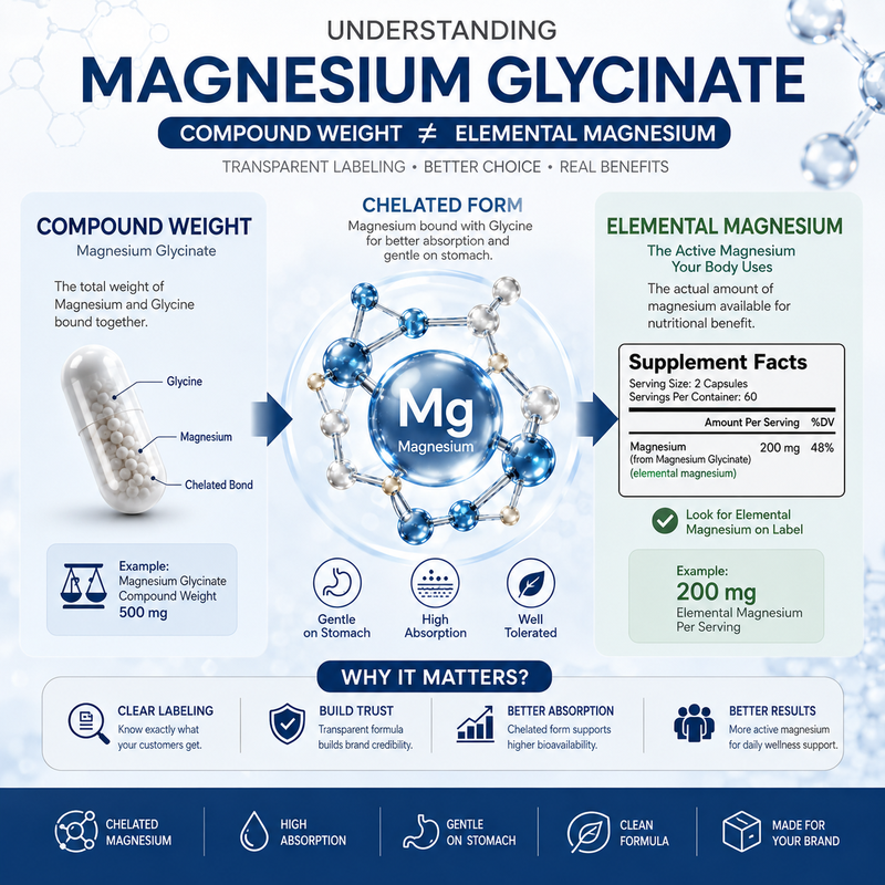 Clean label magnesium glycinate available in 120mg and 500mg dosage options