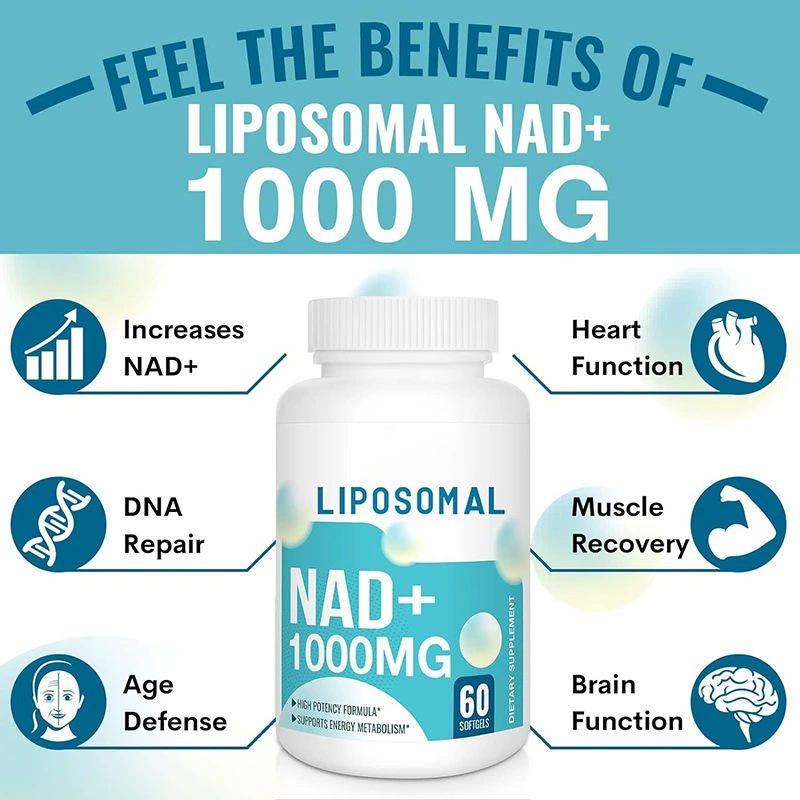 Premium NAD+ softgels in amber-tinted capsules for cellular energy and anti-aging supplement lines
