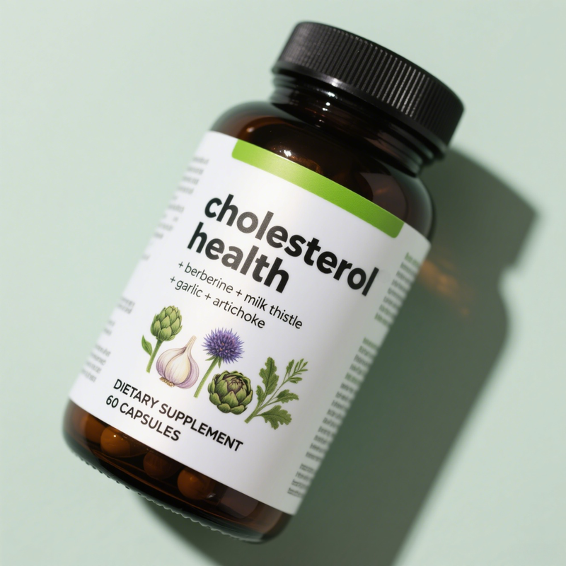 Cholesterol Health Complex Capsules packaging and natural botanical ingredients