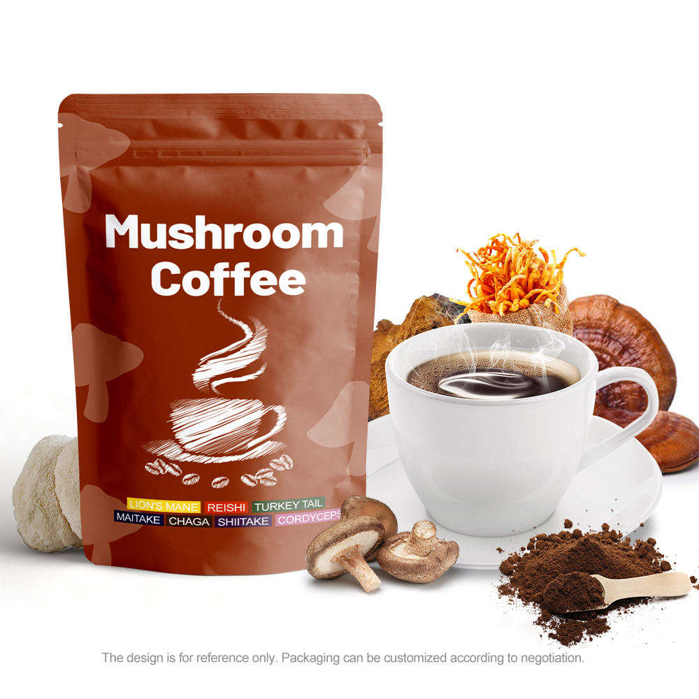 Mushroom coffee providing sustained energy, mental focus, and immune support