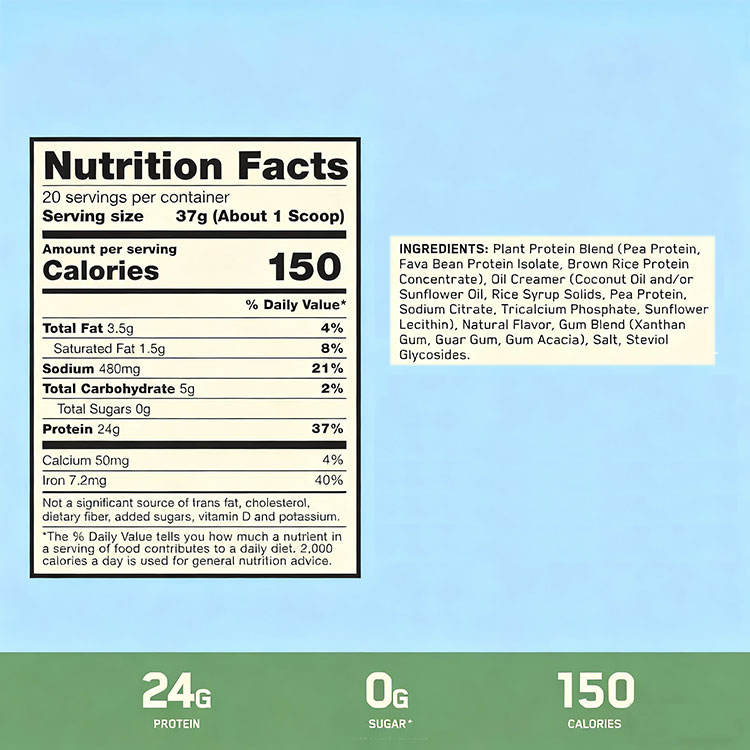 Natural raw ingredients including peas, rice, and seeds for protein formulation