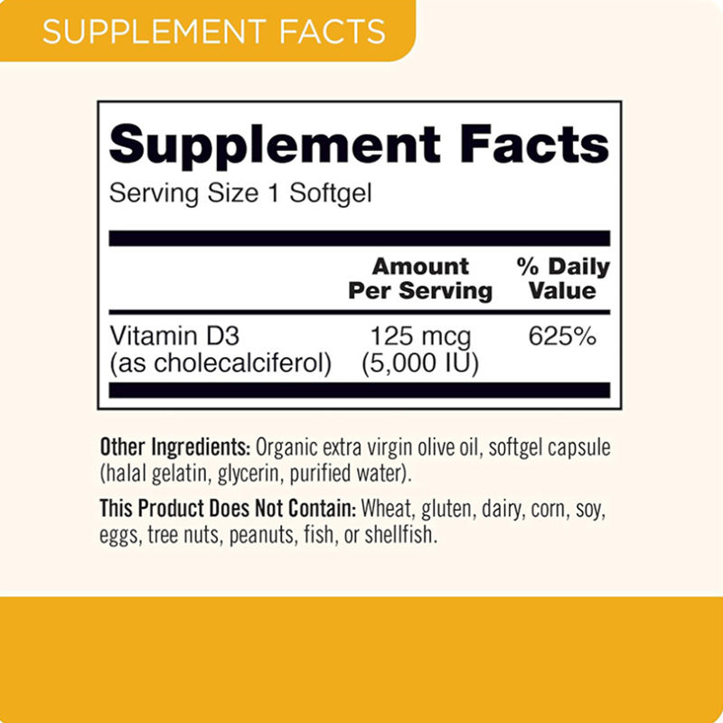 Vitamin D3 cholecalciferol softgels supporting bone, muscle, and immune system health