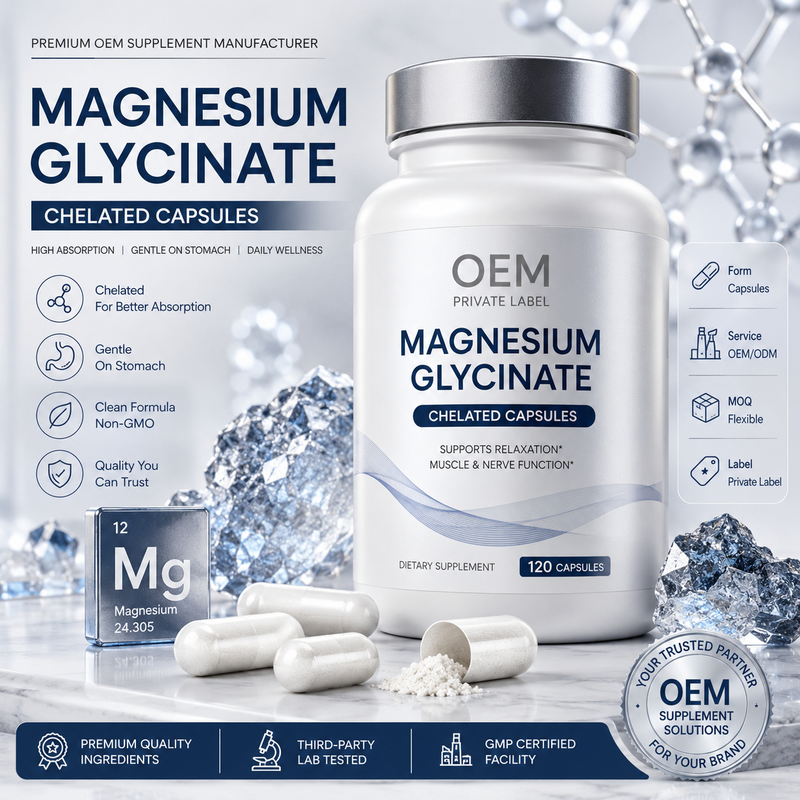 Premium magnesium glycinate capsules featuring a clear plant-based shell and pure white powder